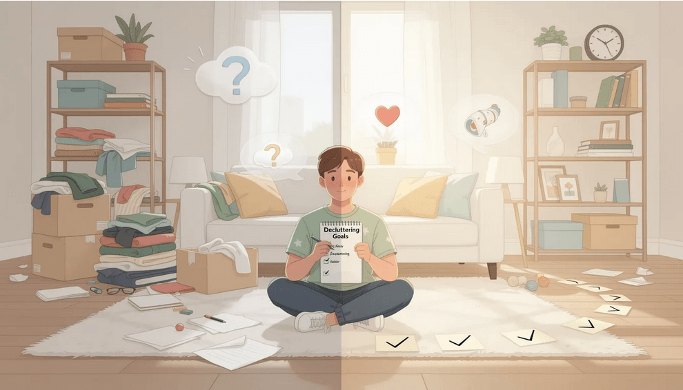 An image depicting a cluttered room with various items scattered around including clothes toys and paper clutter illustrating the challenges of decluttering A list of realistic decluttering goals is visible emphasizing the importance of setting targets to manage space and create an organized clutter free environment