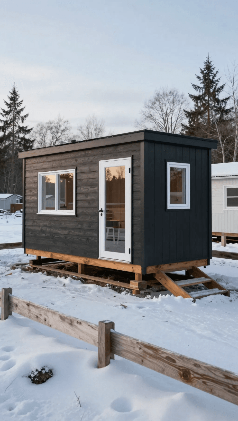 A black tiny home in a snow