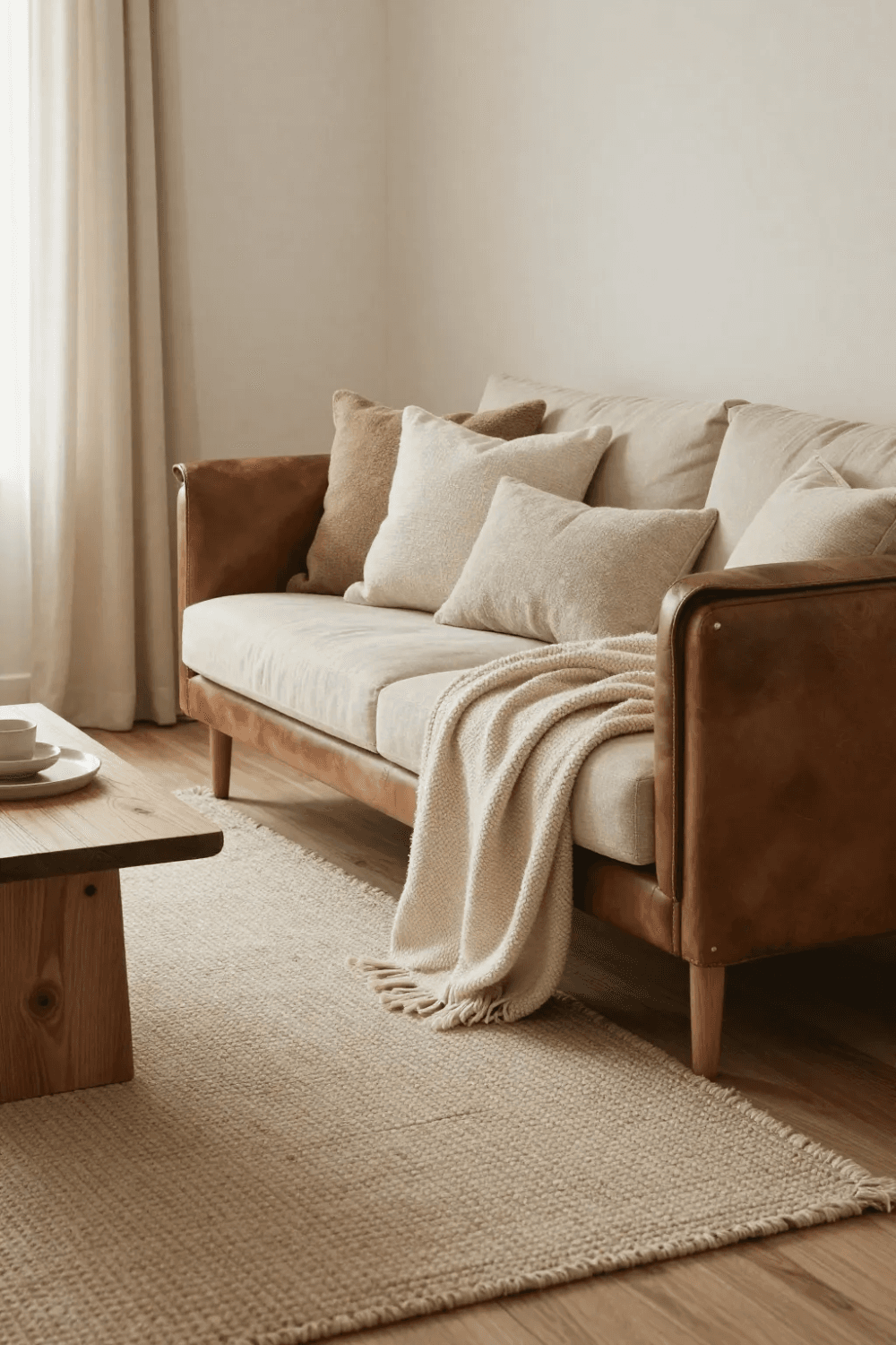 Cream and brown leather sofa