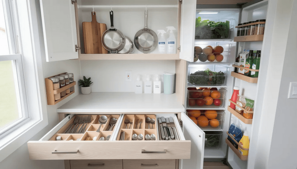 The image showcases a compact kitchen with clever storage solutions including cheap tension rods installed inside cabinets for hanging cutting boards and pot lids along with drawer organizers that keep utensils neatly separated Wall mounted spice racks on cabinet doors help free up valuable counter space maximizing the overall storage space in this tiny kitchen