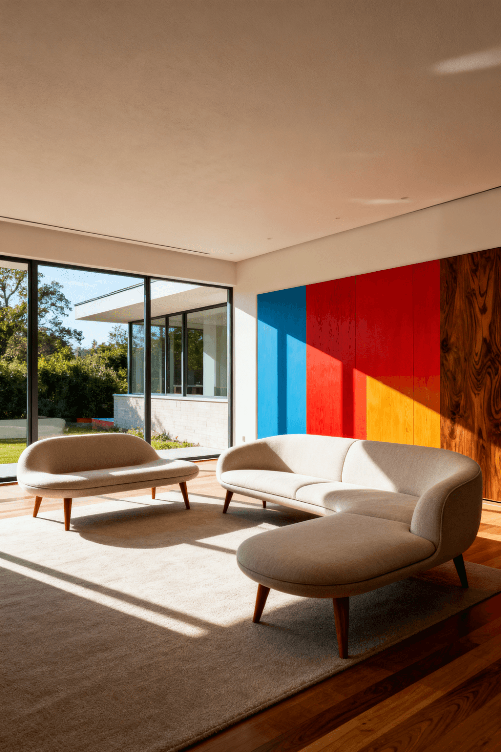 A mid century room with corner sofa