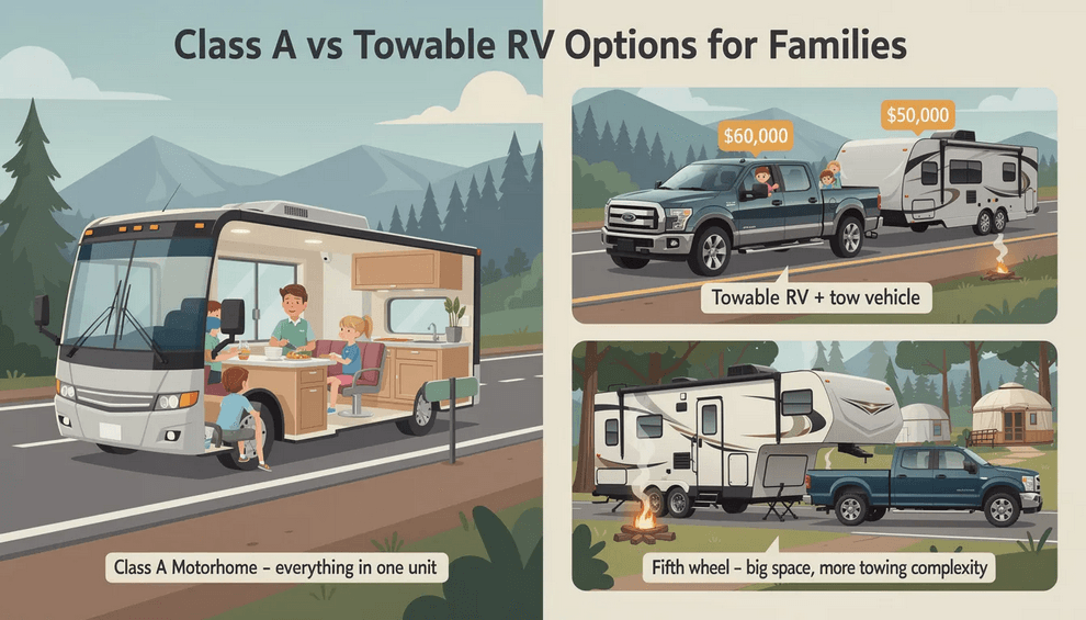 The image compares Class A motorhomes with towable options like travel trailers and fifth wheels highlighting the convenience of having a spacious interior with amenities such as a kitchen and bathroom easily accessible for families It emphasizes the benefits of Class A motorhomes for large families including ample storage and comfortable sleeping spaces while also noting the complexities involved with towing options