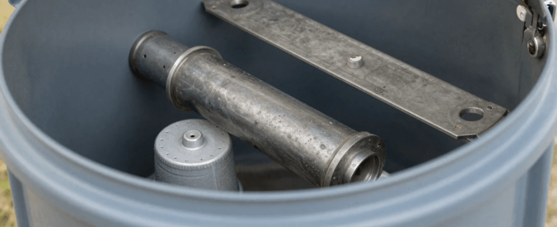 A closeup of composting toilet parts