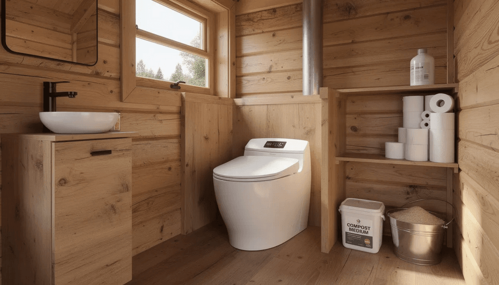 The image depicts a modern composting toilet installed in a small wooden cabin bathroom showcasing an efficient off grid sanitation system designed to manage human waste sustainably This self contained unit is compact offering proper ventilation and a urine separator making it a popular choice for off grid living in remote locations