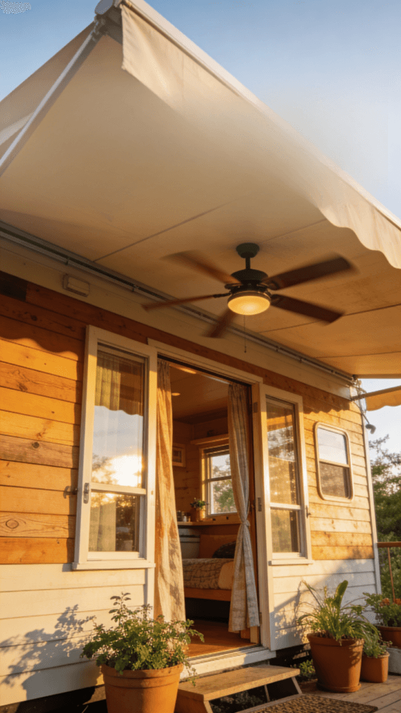 A tiny home with a ceiling fan