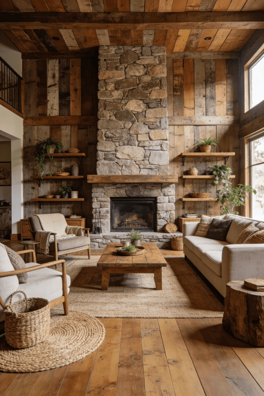The image showcases a thoughtfully designed rustic living room featuring solid wood floors and reclaimed wood walls creating an inviting atmosphere A stone fireplace serves as the focal point surrounded by cozy furnishings and natural accessories that enhance the rustic charm of the space