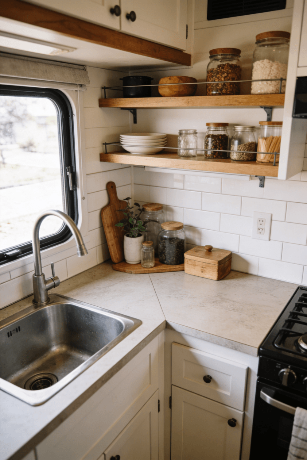 The image showcases a small kitchen featuring a corner sink that maximizes floor space and enhances workflow Open shelves above the countertops provide accessible storage contributing to a stylish and airy home decor that is perfect for tiny houses