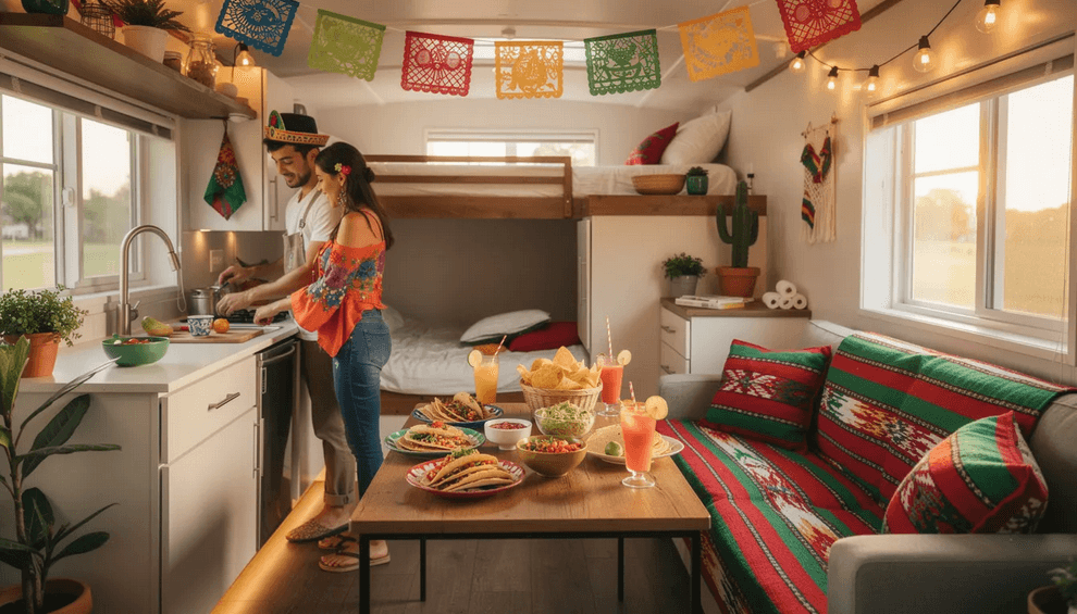 The image showcases a cozy tiny home decorated for Cinco de Mayo celebrations featuring colorful papel picado banners and traditional Mexican food like mole poblano on a festive table This scene captures the essence of Mexican culture and heritage perfect for a family gathering to celebrate this important Mexican holiday
