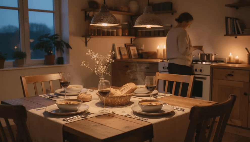 The image depicts a cozy dining setup in a tiny home beautifully decorated for a romantic Valentine's Day celebration. Soft lighting, festive decor, and a table set with treats like chocolates and wine create an inviting atmosphere for significant others to enjoy a special evening together.