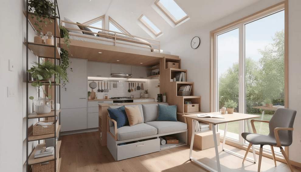 The image showcases a cozy tiny house interior featuring large windows that flood the living space with natural light creating an inviting atmosphere The layout includes a lofted bedroom functional furniture and built in storage solutions highlighting how to maximize space in small homes while maintaining style and comfort