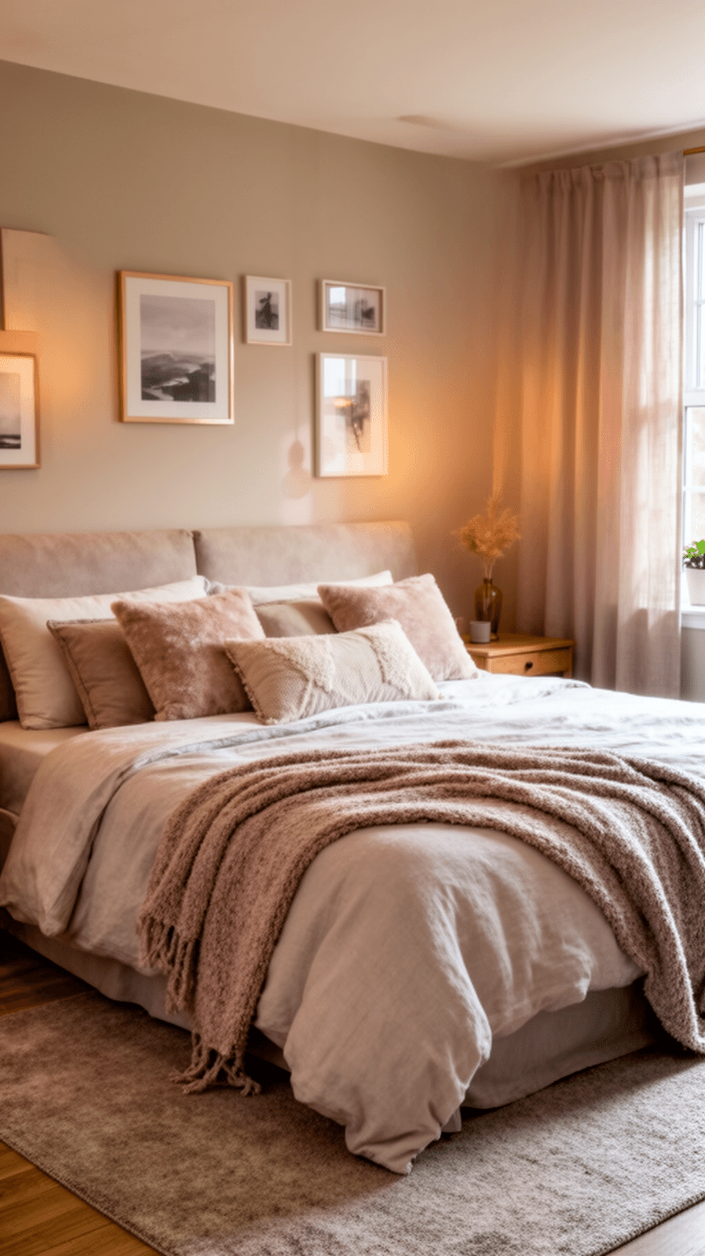 The image depicts a cozy bedroom designed for comfort and style featuring a neatly made bed with plush pillows and a soft throw blanket The space is adorned with decorative elements like picture frames and light fixtures showcasing a thoughtful approach to home decor that maximizes both style and space on a tight budget