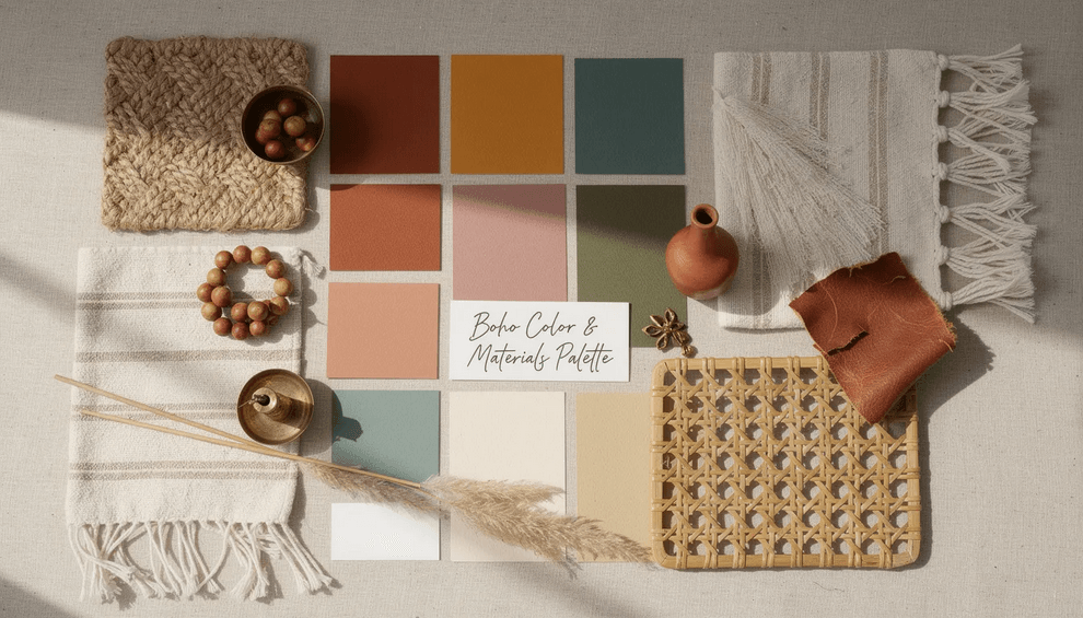 The image showcases a cozy boho camper van interior featuring a harmonious mix of warm colors natural textures and bohemian decor elements The layout includes a comfortable bed stylish cabinets and thoughtful lighting creating an inviting space perfect for adventure and relaxation