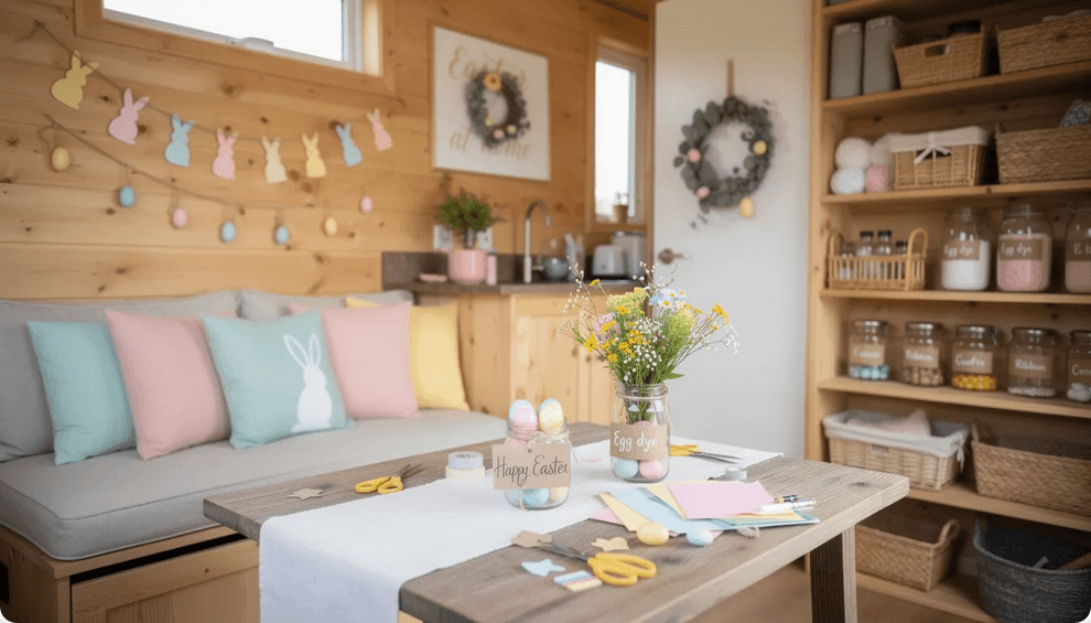 Decorations easter living room The image showcases a cozy Easter tiny home decorated with a variety of DIY decorations including painted eggs cute bunnies and vibrant flowers creating an adorable Easter village atmosphere Shelves are adorned with festive items enhancing the charm of this tiny house and inviting viewers to explore creative ideas for personalizing their own space