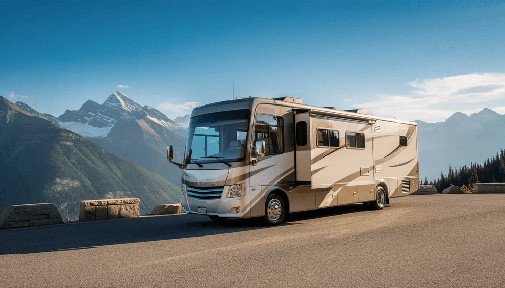 A luxury diesel motorhome is parked at a scenic mountain overlook showcasing its spacious interior and large panoramic windows against a backdrop of a clear blue sky This well equipped vehicle is ideal for families offering ample storage a comfortable living space and features like a king sized bed and a convertible dinette for a perfect weekend getaway