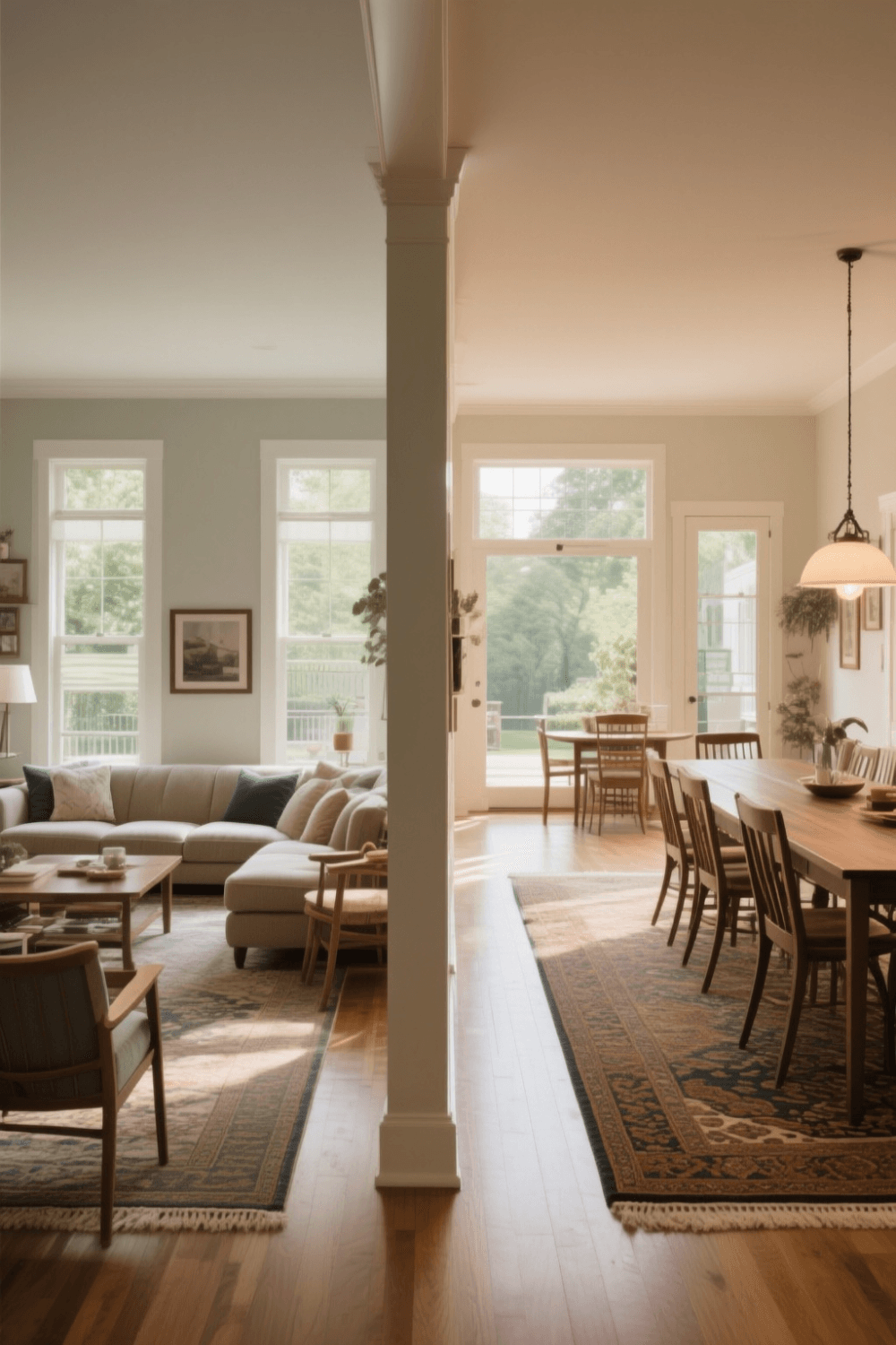 The image showcases a beautifully arranged long rectangular living room divided into two distinct zones one side features a cozy seating area with a sofa and chairs while the other side is designated as a dining nook with a table and chairs Rugs are used to visually separate these functional spaces enhancing the room's layout and creating an inviting atmosphere filled with natural light.