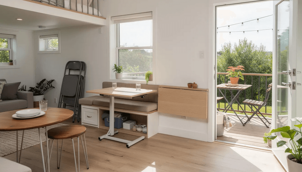 The image showcases various dining table hacks suitable for tiny homes featuring a wall mounted drop leaf table that extends for meals round nesting tables that can be tucked away and bench seating with built in storage These multifunctional furniture pieces are designed to maximize space and efficiency in small living areas while allowing for a cozy dining experience