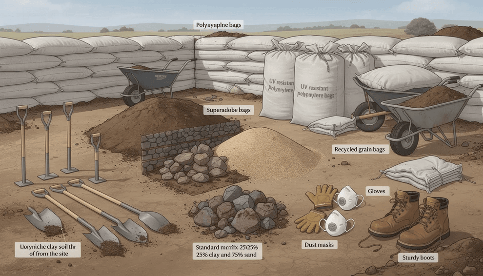 The image depicts various materials and tools essential for earthbag construction including polypropylene bags shovels tampers and wheelbarrows alongside protective gear like gloves and dust masks This setup emphasizes the sustainable architecture of earthbag structures showcasing the clay rich soil and diverse fill materials needed for creating durable earthen walls
