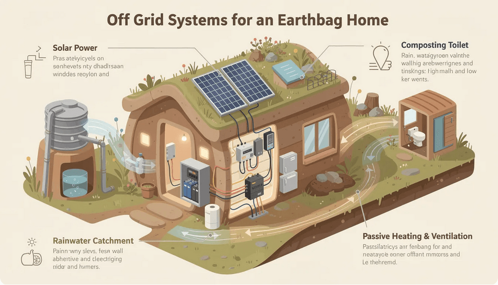 The image showcases an off grid earthbag home featuring solar power systems for essential electricity needs a rainwater catchment system for sustainable water supply and a composting toilet for eco friendly waste management The structure utilizes alternative building techniques with earthen walls and passive heating strategies emphasizing sustainable architecture and modern engineering concepts