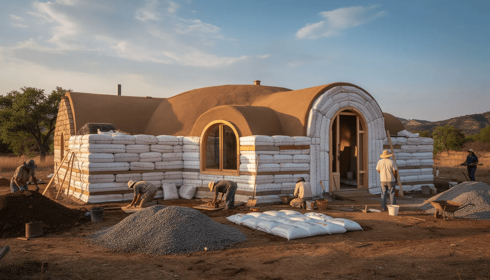 The image depicts a unique earthbag building showcasing its rounded dome shape constructed from earth filled bags which are layered to create sturdy earthen walls This alternative building technique emphasizes sustainable architecture blending harmoniously with the natural surroundings while highlighting modern engineering concepts