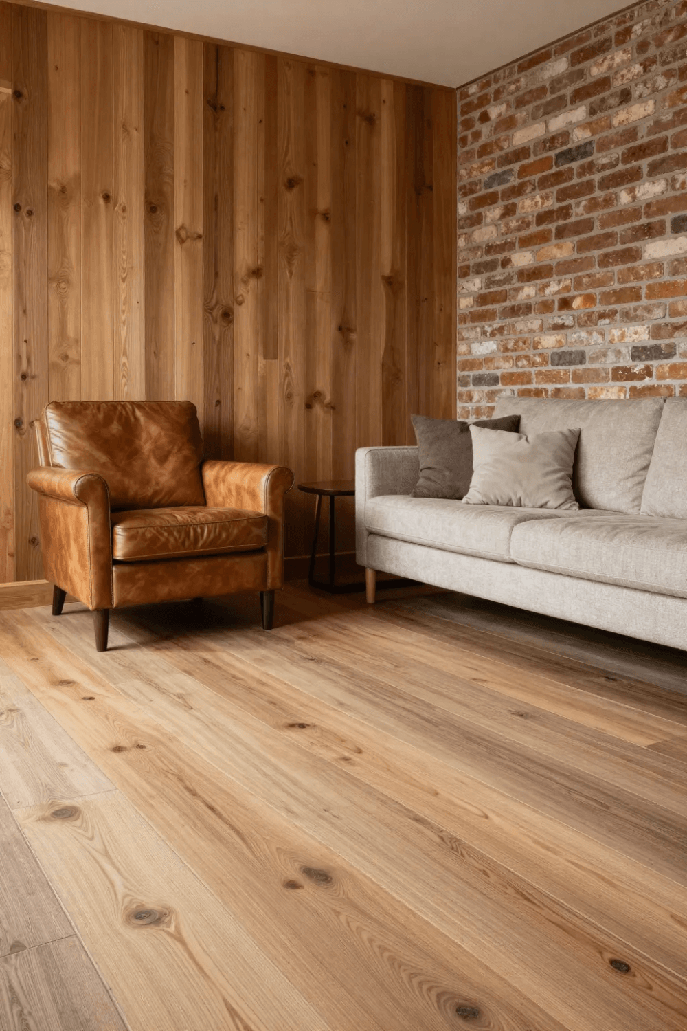 Brown leather chair next to sofa