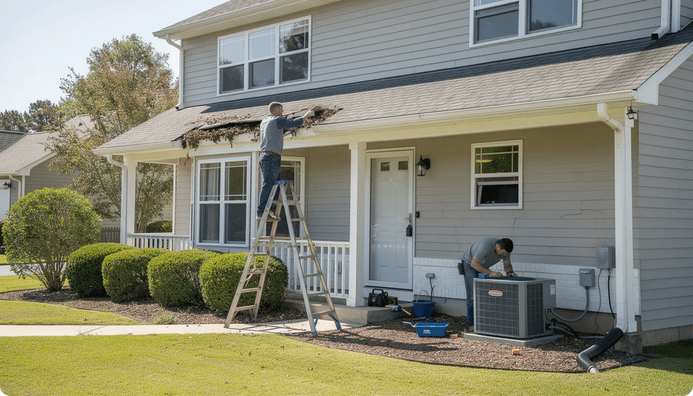 An overview of exterior home maintenance showcases various tasks essential for caring for a home's exterior, including roof inspections, gutter cleaning, and yard work. Regular maintenance not only enhances a home's curb appeal but also prevents issues like water damage and wood rot, ensuring the residence remains in good shape year-round.