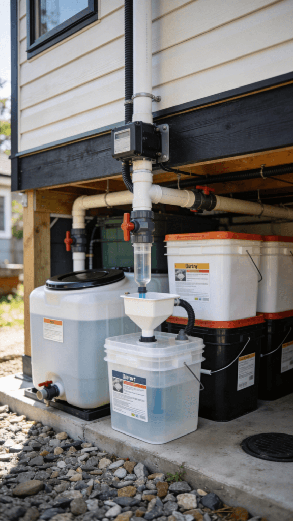 The image depicts an external drainage system with tanks designed for a composting toilet setup showcasing various components such as a urine diverter and storage containers This setup is ideal for optimizing space in a tiny house while ensuring convenient maintenance of liquids and solids