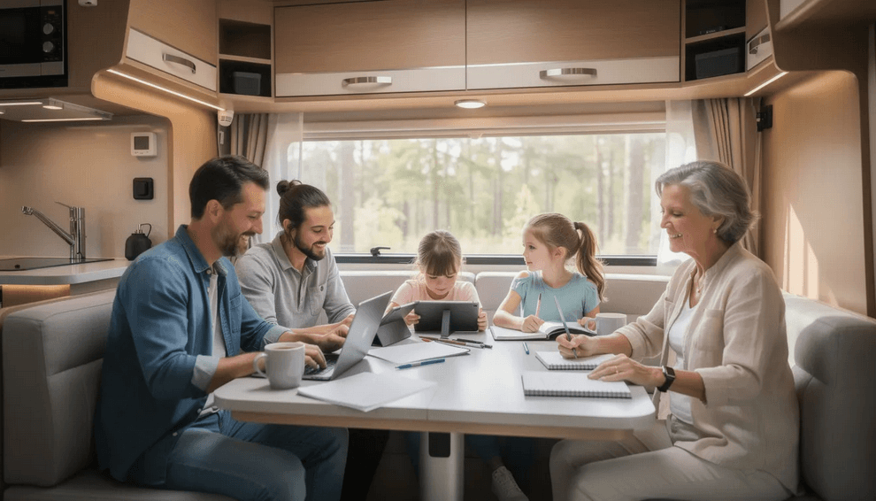A family is gathered around a convertible dinette table inside a spacious Class A motorhome with laptops and notebooks spread out creating a cozy living space for work and family time The interior features polished solid surface countertops and ample storage making it an ideal setup for a weekend getaway