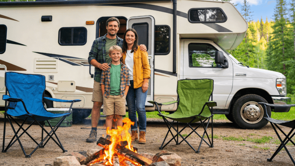 Family motorhome A family stands outside their motorhome at a forested campground surrounded by camping chairs and a small campfire ready to enjoy their outdoor adventures The scene captures the essence of camping in nature perfect for a memorable family trip