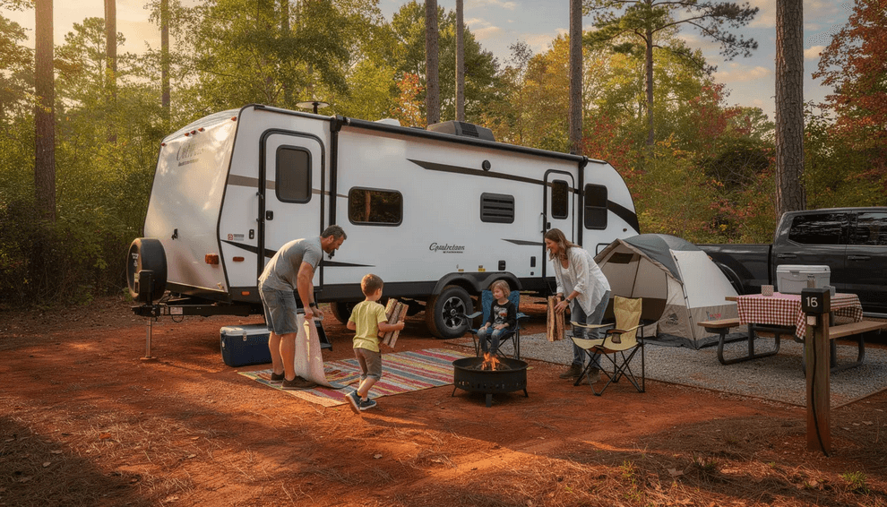 Family rv A family is happily setting up camp beside their travel trailer at a wooded campsite in Georgia surrounded by tall trees and nature The scene captures the joy of outdoor living and adventure perfect for RV sales in Georgia enthusiasts