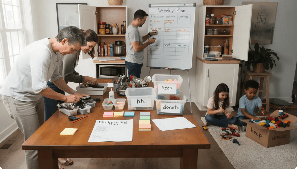 An image depicting a family working together to declutter their home with one member sorting through toys in a living room while others organize the pantry and clear out the medicine cabinet The scene emphasizes teamwork and the importance of setting realistic goals for maintaining a clutter free and organized space