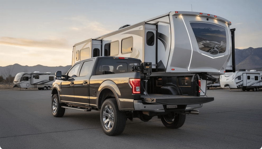 Fifth wheel trailer An image of a fifth wheel trailer is shown highlighting its spacious interior and sturdy connection to a heavy duty truck via a hitch in the truck bed This setup offers enhanced towing stability making it an appealing option for buyers looking for more living space than a conventional travel trailer