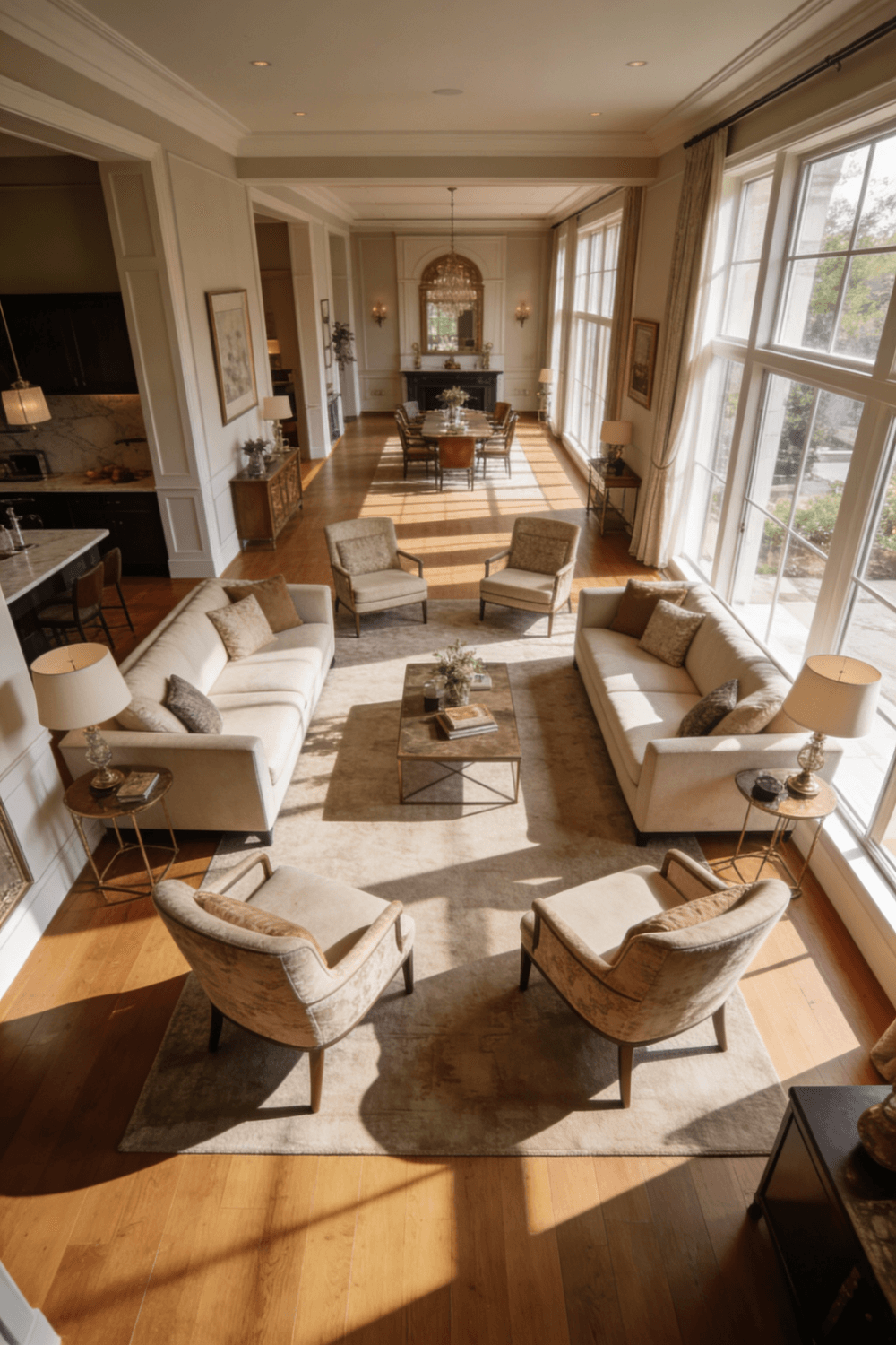 This image showcases a long rectangular living room where the furniture including a cozy sofa and chairs is floated slightly inward rather than pushed against the walls creating inviting pathways and a central conversation area Natural light streams through large windows enhancing the elegant decor and functional layout of the space