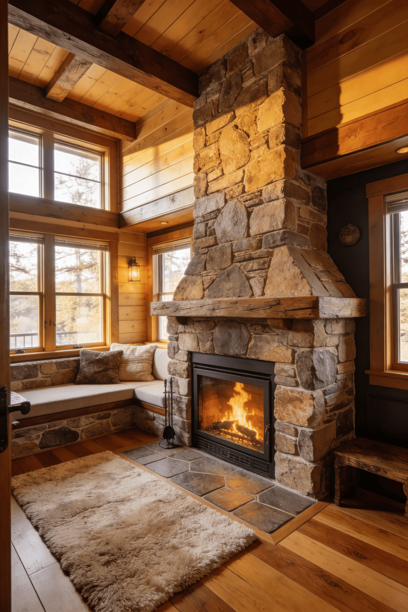 The image showcases a cozy living room featuring wide plank wood floors and elegant stone tiles creating a warm and inviting atmosphere The rustic charm is enhanced by a stone fireplace making it a perfect focal point in this thoughtfully designed tiny home