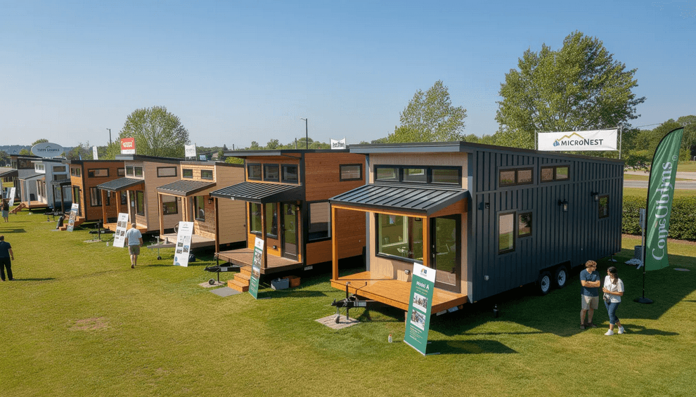 The image showcases various fully built tiny houses from different companies highlighting the diversity in tiny home styles and designs Featured brands include Mint Tiny House Company Tumbleweed Tiny House Company and Tiny Mountain Houses each offering unique models that cater to the tiny house movement and emphasize quality materials and energy efficiency