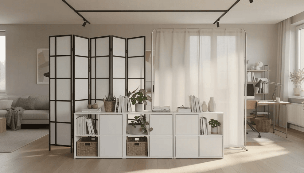 The image features various freestanding room divider options including lightweight folding panel dividers and stylish shelving units designed for flexible space division in a studio apartment These dividers not only create privacy and separate areas but also serve as functional storage solutions enhancing both style and utility in the home