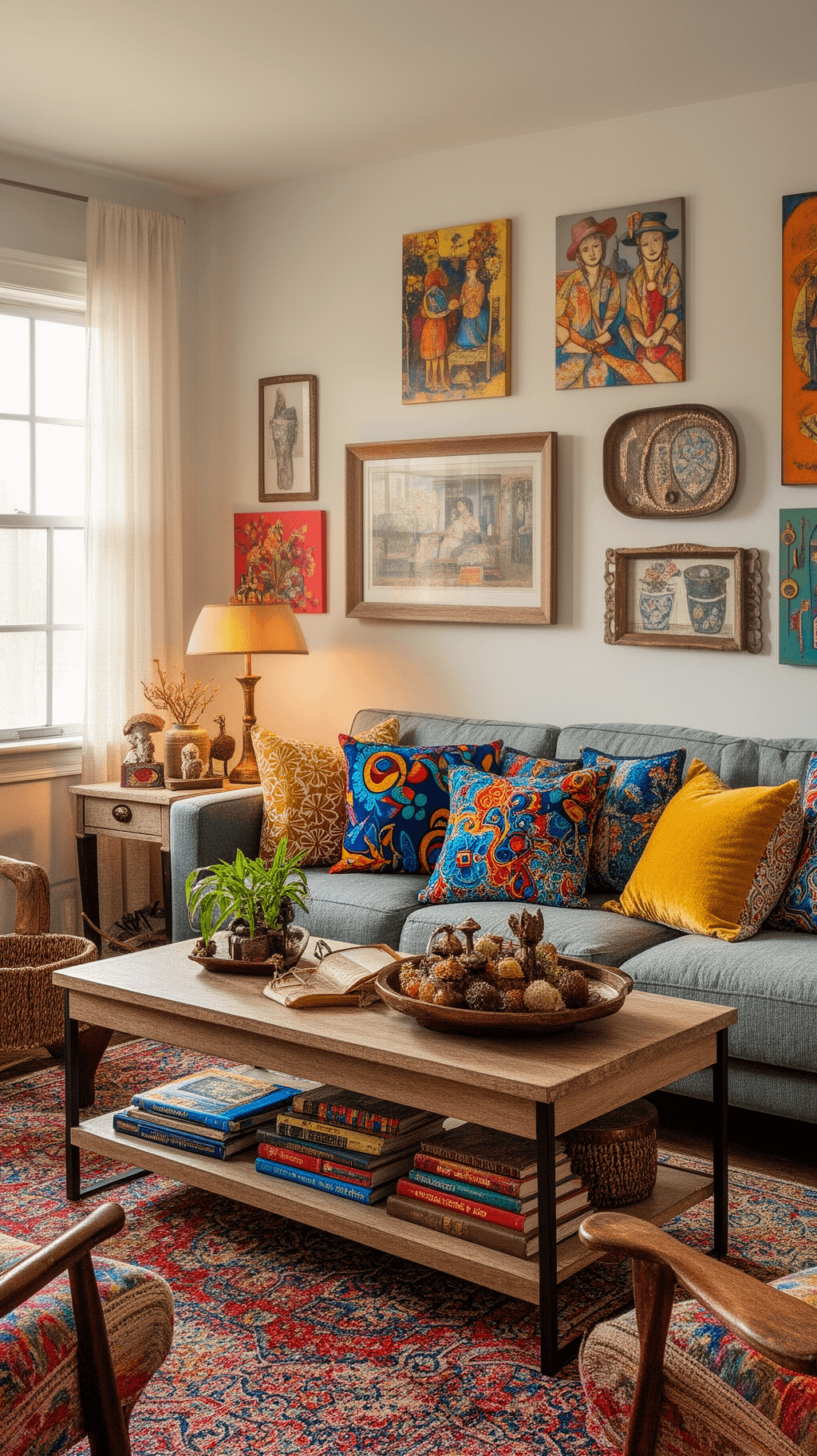 The image showcases a beautifully decorated living room that embodies frugal home decor principles featuring a stylish coffee table colorful pillow covers and creative wall art sourced from thrift stores The space is warm and inviting demonstrating how to completely transform a room on a tight budget with smart decorating choices