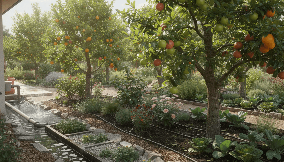 The image depicts a lush garden filled with thriving fruit trees all nourished by a greywater irrigation system showcasing an effective off grid sanitation idea This sustainable setup illustrates how to manage human waste while promoting healthy soil and water usage in remote locations