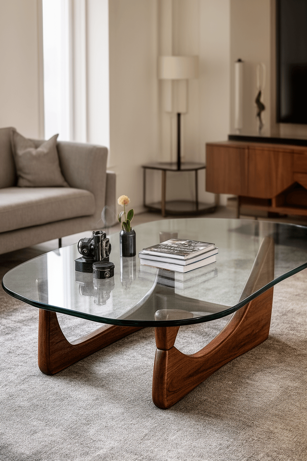 A glass table in a living room