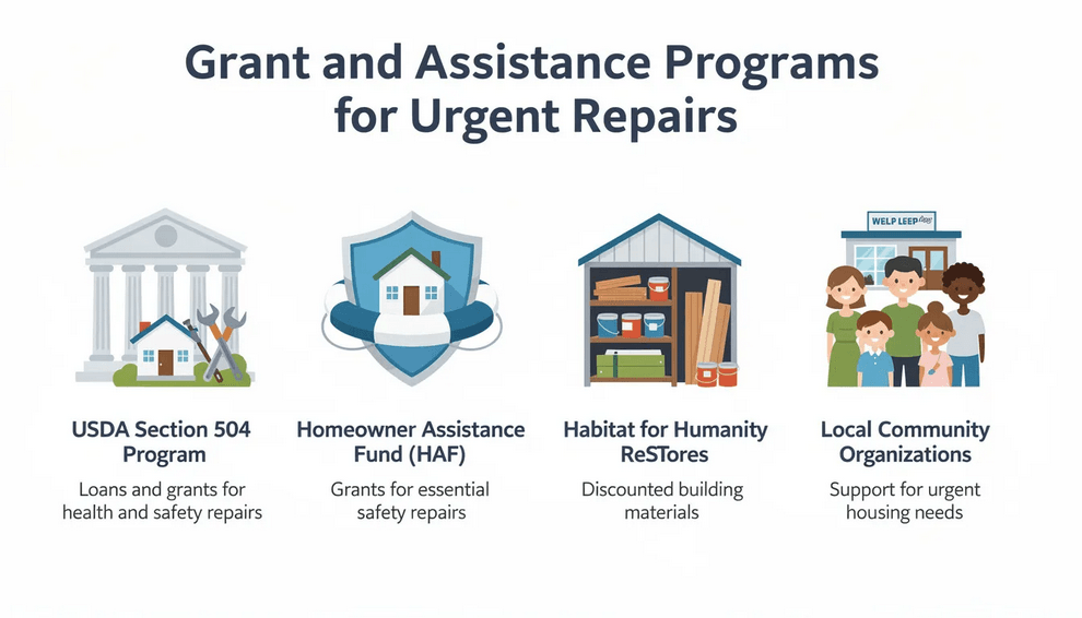 The image depicts various resources available for homeowners facing urgent repair needs including flyers for the USDA Section 504 Program the Homeowner Assistance Fund and Habitat for Humanity ReStores These programs aim to assist low income households with safety problems in their primary residence providing loans and grants to ensure affordable housing solutions