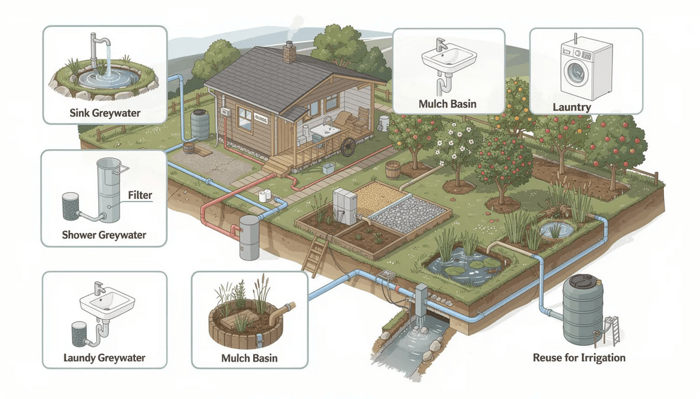 The image showcases various off grid greywater systems designed for sinks showers and laundry emphasizing sustainable waste management practices It features compact installations suitable for tiny homes and remote locations highlighting options like composting toilets and urine separators that transform waste while ensuring proper sanitation and water usage efficiency
