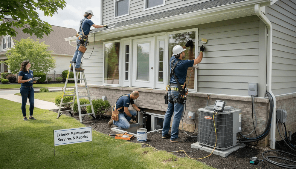 The image depicts a professional conducting exterior home maintenance services focusing on tasks such as gutter cleaning and roof inspection Various tools are visible highlighting the importance of preventive maintenance to ensure the home's exterior remains in good shape and enhances curb appeal.