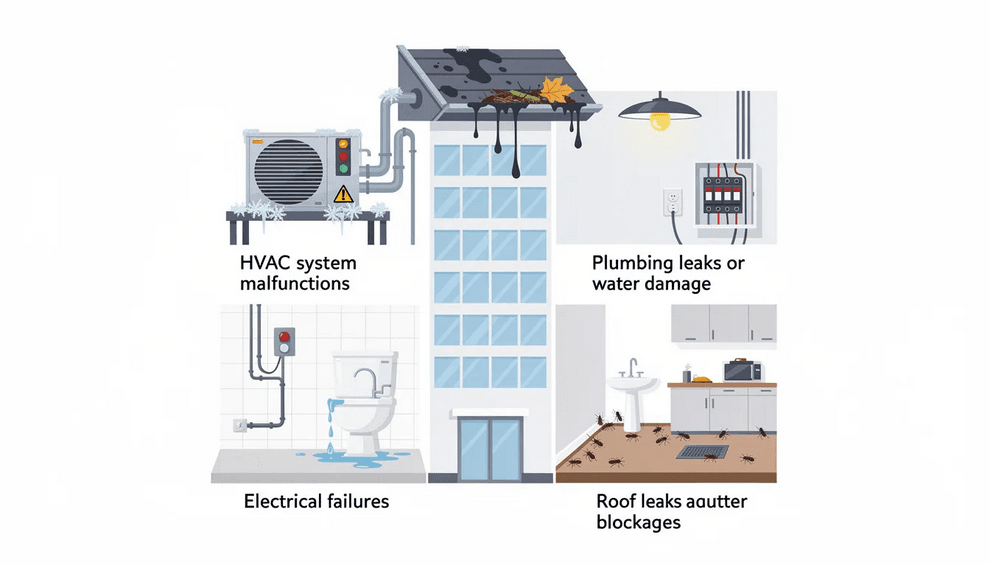 The image depicts various common maintenance issues faced in property management including HVAC system malfunctions plumbing leaks electrical failures pest infestations and roof leaks These issues highlight the importance of proactive inspections and routine maintenance tasks to ensure tenant satisfaction and prevent costly emergency repairs