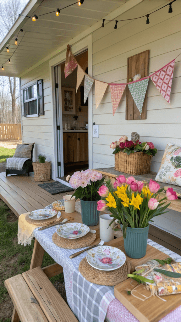 Handmade gifts The image depicts a cozy tiny home decorated for Mother's Day, featuring handmade gifts, flowers, and a beautifully set table for a family gathering. This celebration honors mothers with heartfelt expressions of love, creating a warm and inviting atmosphere for family members to spend quality time together.