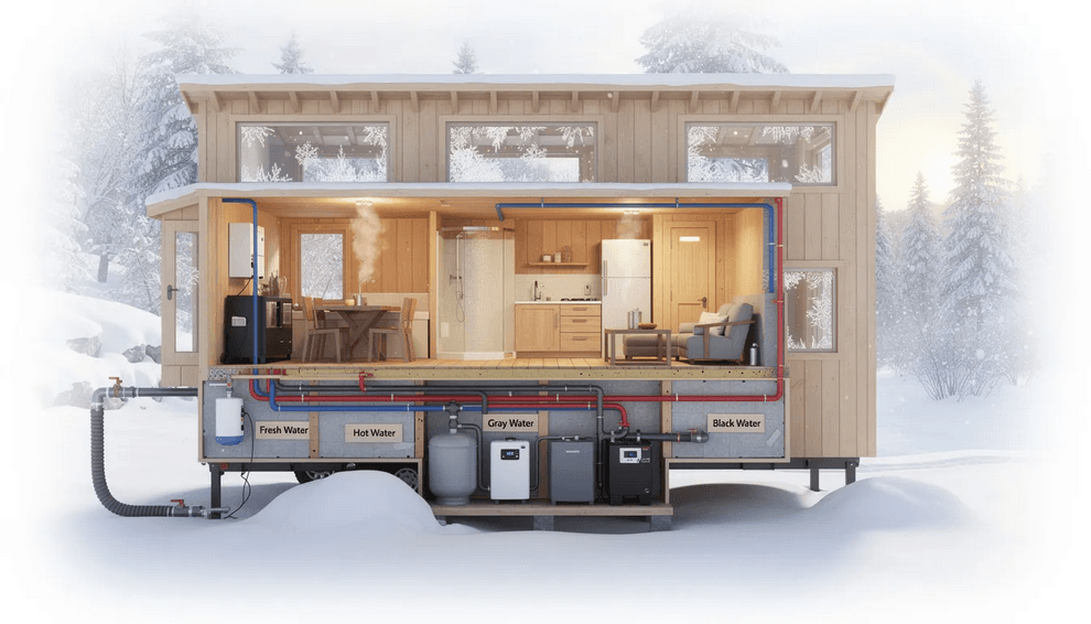This image showcases the plumbing systems designed for a winter tiny home emphasizing features like foam insulation and heat tape to prevent freezing temperatures The cozy interior includes clever storage hacks and warm wood accents ideal for full time living in cold climates