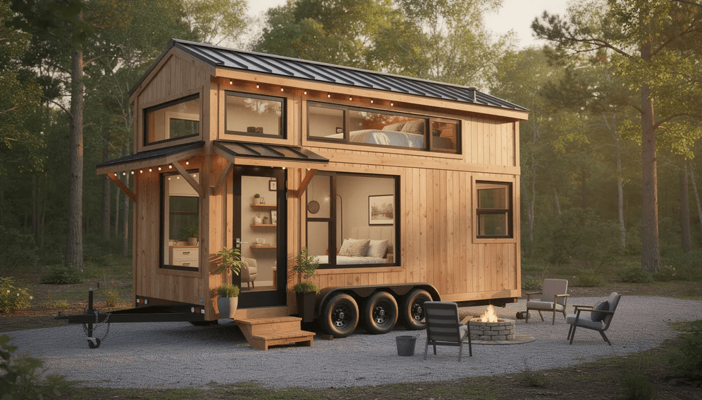 The image depicts a fully built tiny house showcasing modern designs and high quality materials with a double pitched roof and metal siding This tiny home exemplifies the tiny house movement offering a cozy living space that emphasizes energy efficiency and simple living