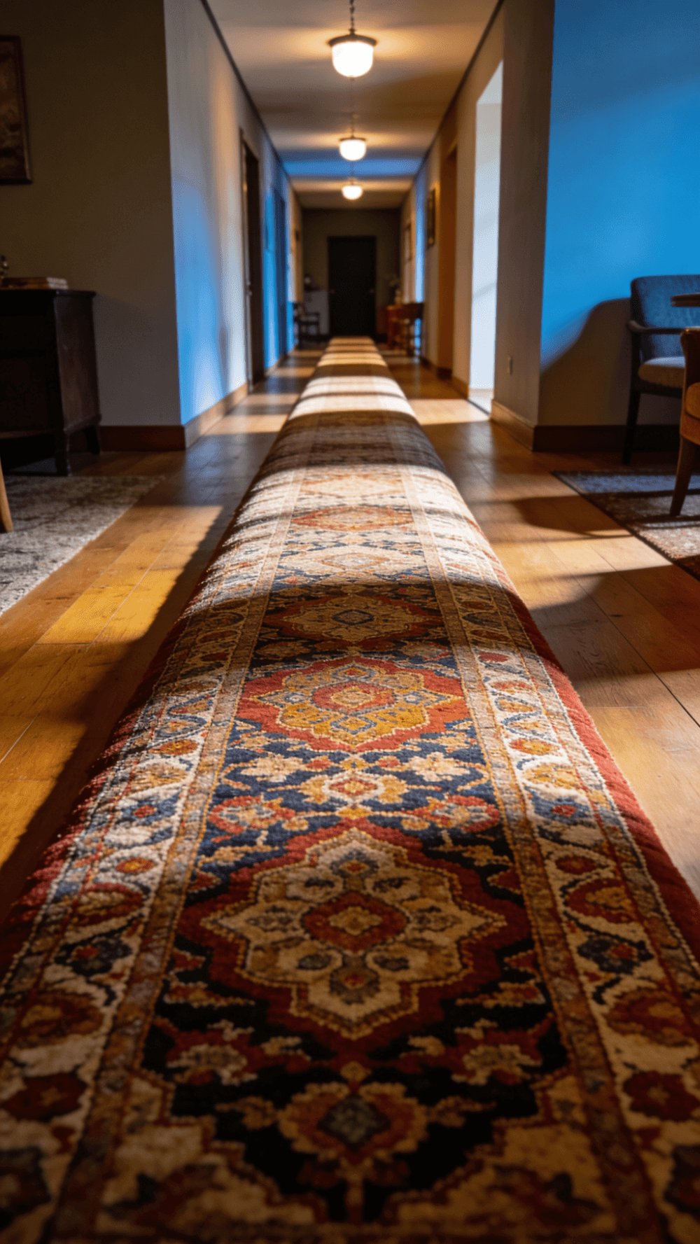 A long rectangle rug in a room
