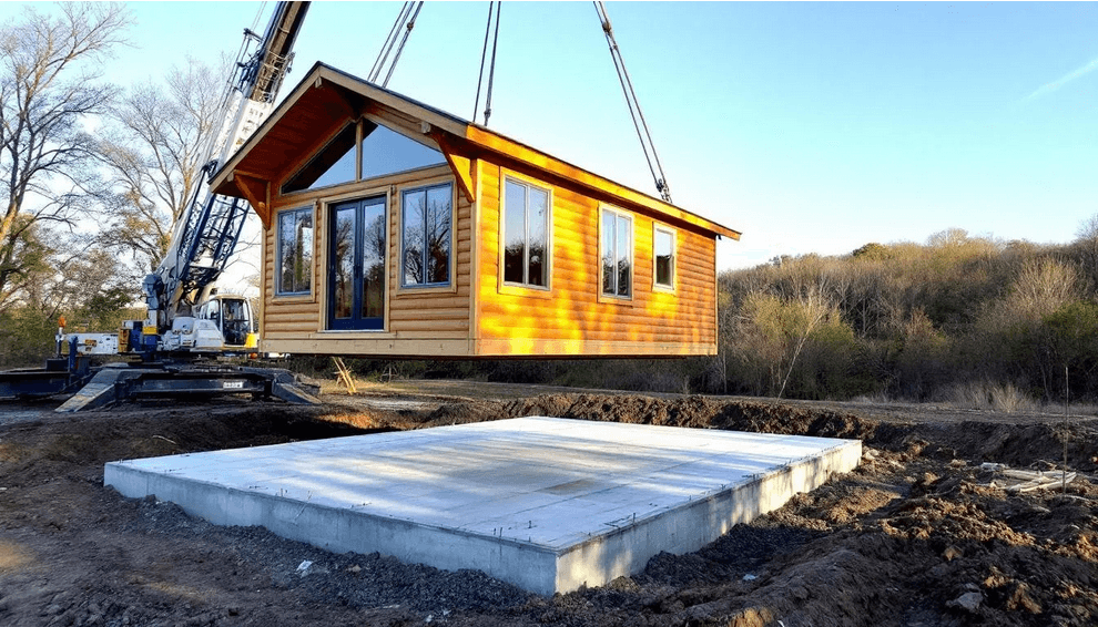 The image depicts the installation process of a charming two bedroom portable cabin being carefully positioned on a prepared foundation showcasing its wainscot cedar exterior and inviting atmosphere The cabin features a high barn style roof and is designed to provide a warm and welcoming space for family gatherings or as a cute little guest house