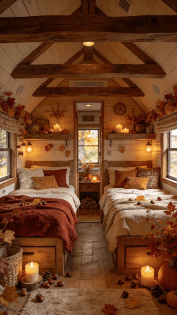 Interior autumn tiny home An inviting autumn tiny home showcases a cozy interior designed for warmth and connection featuring two bedrooms and a compact layout that fosters intimacy among inhabitants Decorated with seasonal touches like candles and acorns this small space exemplifies the beauty of simple living during the fall season