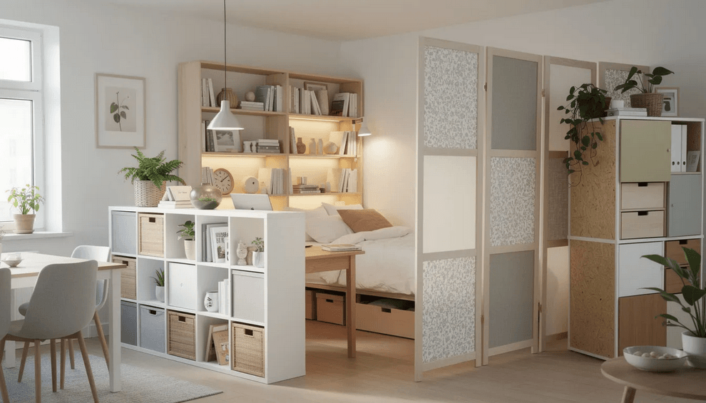 The image showcases various DIY room divider ideas using IKEA pieces including a KALLAX unit transformed into a stylish cubby divider filled with decorative baskets and a cozy nook created with BILLY bookcases The scene highlights the versatility of these shelving units in a studio apartment demonstrating how they can effectively divide space while providing storage and a functional workspace