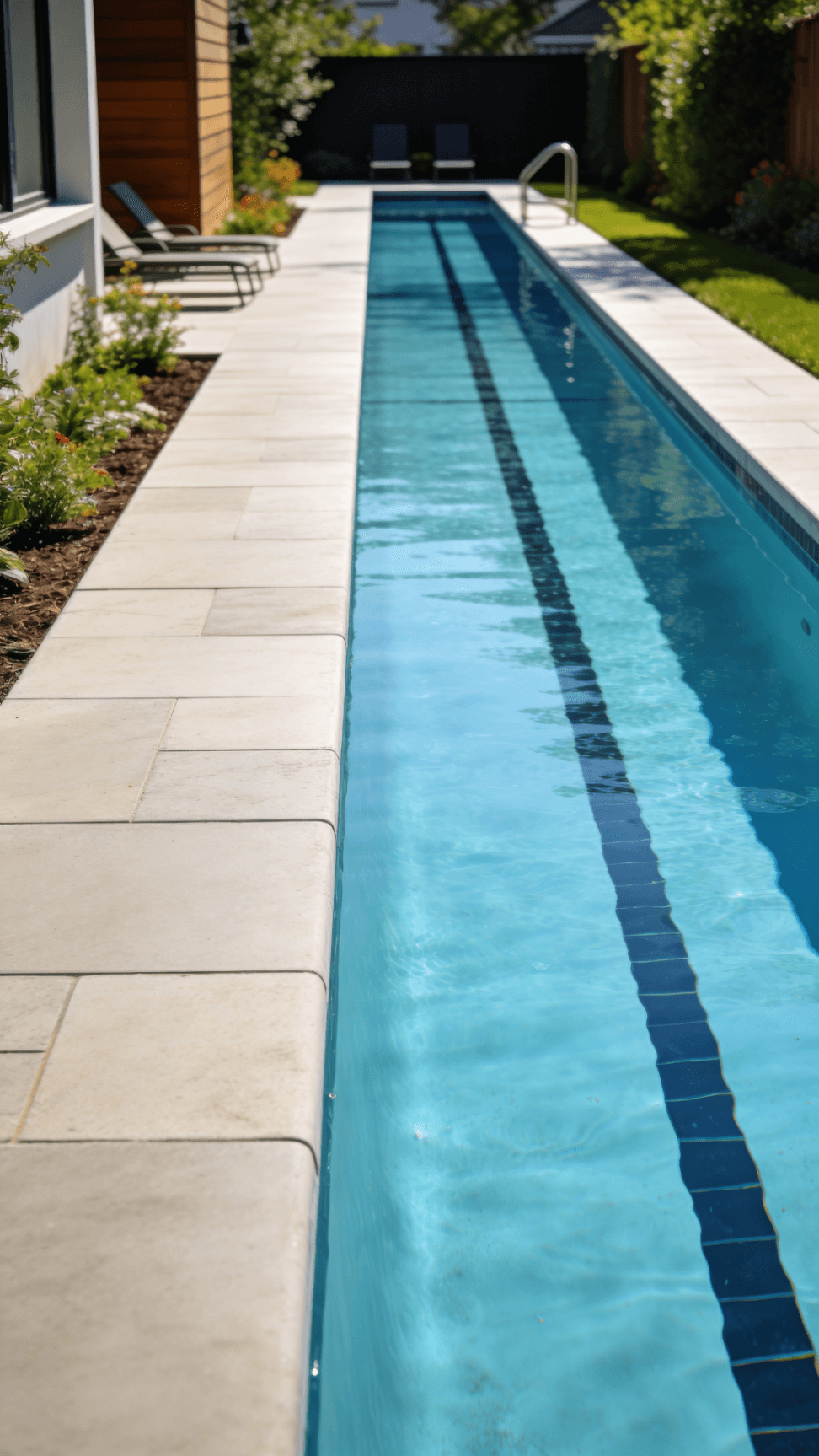 The image depicts a sleek lap pool designed for narrow backyard spaces featuring a straight swimming lane ideal for fitness enthusiasts This elegant swimming pool is surrounded by a well manicured patio showcasing its perfect solution for maximizing backyard functionality while enhancing the overall lifestyle experience